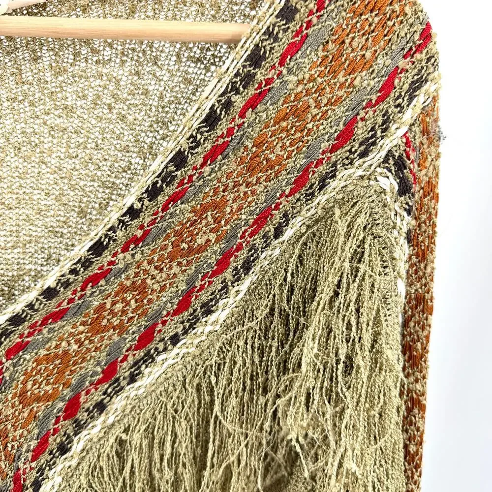 Vintage 80s French Rags Olive Fringe Trim Southwestern Sweater
